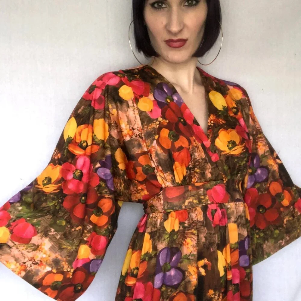 Gorgeous Vintage 1970's Autumnal Floral Print Kimono Sleeve Bohemian Maxi Dress - Picture 5 of 8